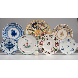 Seven Delft & English Ceramic Plates and a Salt Shaker
