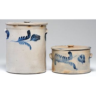 Two Lidded Cobalt Plume and Flower-Decorated Crocks