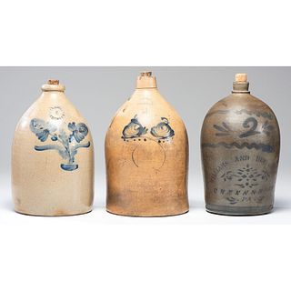 Three Cobal- Decorated Two Gallon Stoneware Jugs