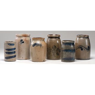 Six Cobalt-Decorated Stoneware Jars