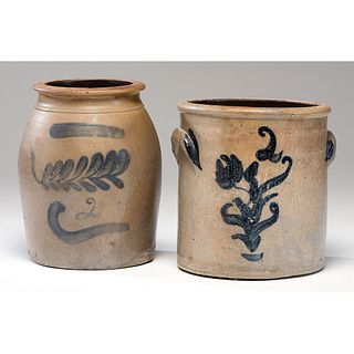 Two Cobalt-Decorated Two-Gallon Crocks