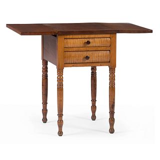 A Two Drawer Tiger Maple Drop Leaf Table
