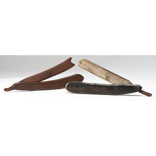 Two Wooden and Metal Straight Razor Trade Signs