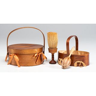 Shaker Bentwood Sewing Caddies, A Wooden Darner and Clothes Brush