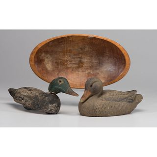 A Carved Wooden Bowl and Two Duck Decoys