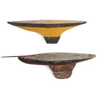 Two Painted Wood and Metal Pond Boat Hulls