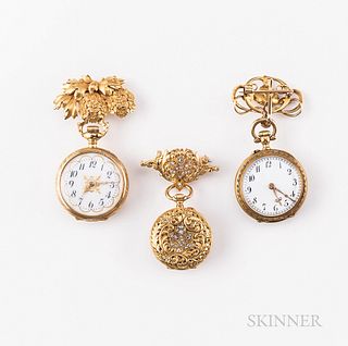 Three Open-face Gold Pendant Watches and Brooches