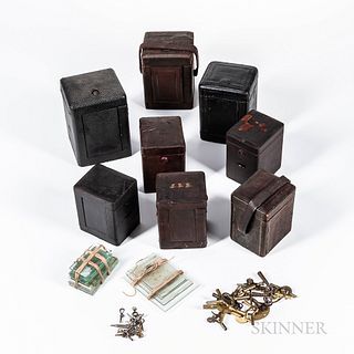 Eight Leather 19th Century Carriage Clock Cases and Keys