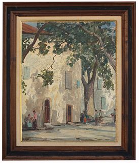 American School, Figures Under a Tree. Signed