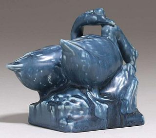 Rookwood Double Swan Matte Blue Paperweight 1924