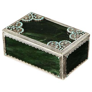 A Filigree Sterling Silver-Mounted Nephrite and Turquoise Rectangular Table Box