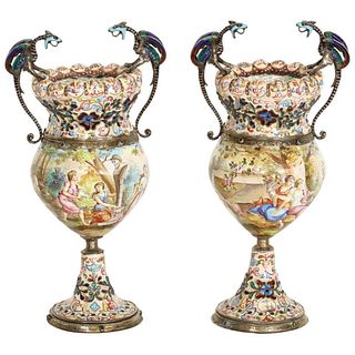 Hermann Bohm, A Fine Pair of Viennese Silver-Mounted Enamel Vases