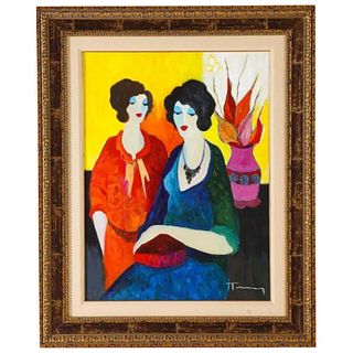 Itzchak Tarkay (Israel, 1935-2012) "Two Sisters" Oil on Canvas Painting