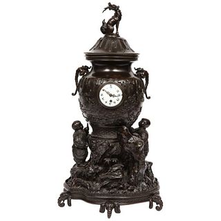 Japanese Patinated Bronze Figural Clock Vase, Meiji Period