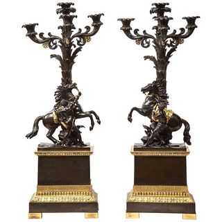 A Large Pair of French Restauration Ormolu & Patinated Bronze Candelabra, Horses