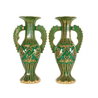 Magnificent Pair of Bohemian Green Gilt and Clear Cut-Glass Vases Alhambra Form