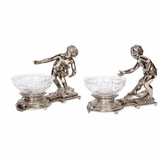 Pair of French Silvered Bronze and Glass Centerpieces with Cherubs
