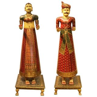 Lifesize Pair of Antique Hand-Painted Indian Figures Dolls Maharaja and Maharani