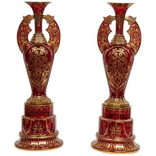  Monumental Pair of Ruby Red Gilt Bohemian Alhambra Cut Glass Vases on Stands