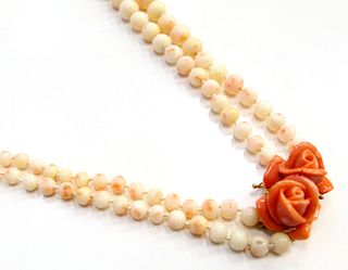 CHINESE ANGLEL SKIN CORAL & 14KT Y.G. NECKLACE