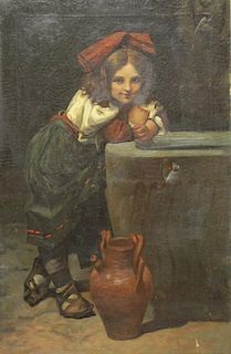 19th C. Oil on Canvas of a Girl at the Well.