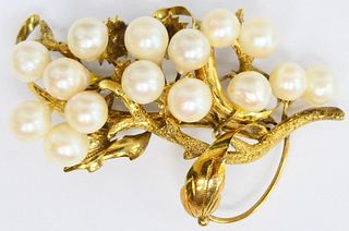 LARGE VINTAGE 14KT YELLOW GOLD BROOCH W PEARLS