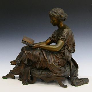 HEAVY BRONZE FIGURINE OF ROMAN WOMAN READING BOOK