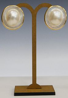 PAIR 14KT PLUMB EARRINGS WITH LARGE BLISTER PEARL