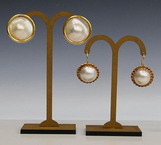 2 SETS OF 14KT Y.GOLD EARRINGS WITH MOBE PEARLS