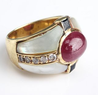 18K Yellow Gold Diamond & Ruby & Sapphire MOP Ring