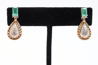 14K Two Tone Gold Emerald & Diamond Earrings
