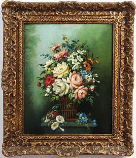 Signed Floral Still Life Oil on Panel, Antique