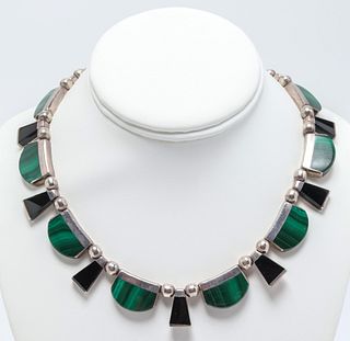 Native American Silver Malachite & Onyx Necklace