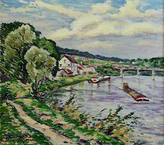 FISHER, Hugo M. Oil on Canvas. River Landscape.