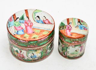 Chinese Rose Medallion Covered Boxes, Two