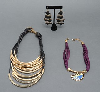 Gold Tone Metal and Cord Necklaces & Earrings, 3