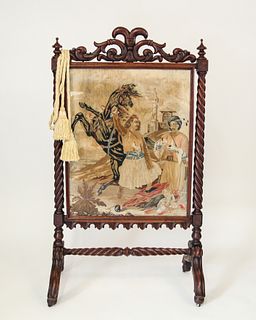 Victorian Carved Oak And Needlepoint Firescreen
