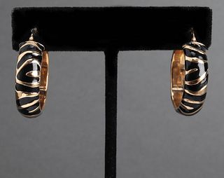 14K Yellow Gold Enamel Zebra Stripe Hoop Earrings