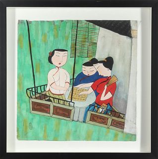 Signed Chinese Women Playing Go Gouache on Paper