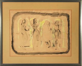Illegibly Signed "Four Nudes" Watercolor on Paper