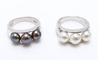 Contemporary Silver Black & White Pearl Ring Set 2