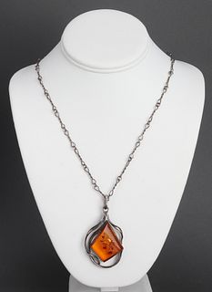 Mid-Century Modern Silver & Amber Pendant Necklace