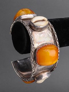 Native American Indian Silver, Shell, Amber Cuff