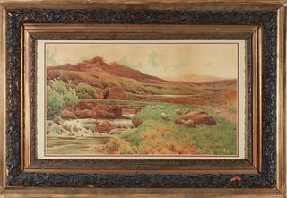 Lynus-Gray "Landscape w Sheep" Watercolor, 19th C.