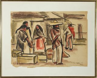 Illegibly Signed "Mexican Figures" Watercolor 1937