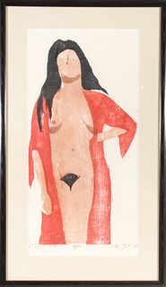 Pini Signed Female Nude Woodblock Print