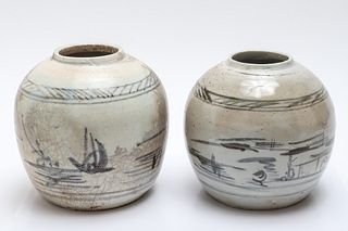 Chinese Decorated Crackle Glaze Pots, Pair
