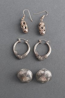 Tribal Ornate Silver Earrings, Group of 3