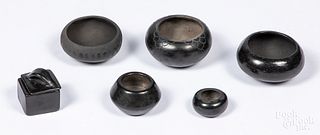 Six Pueblo Indian black on black pottery bowls