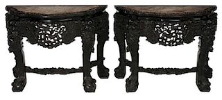 Pair Heavily Carved Marble Inset Pier Tables